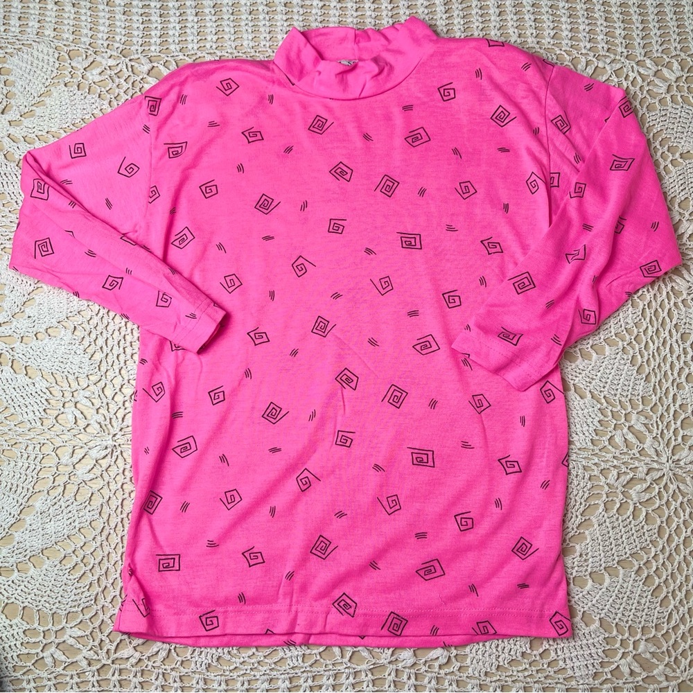 Vintage 1980s LL Sport Girls 10-12 Bright Pink Squiggle Print Long Sleeve Shirt
